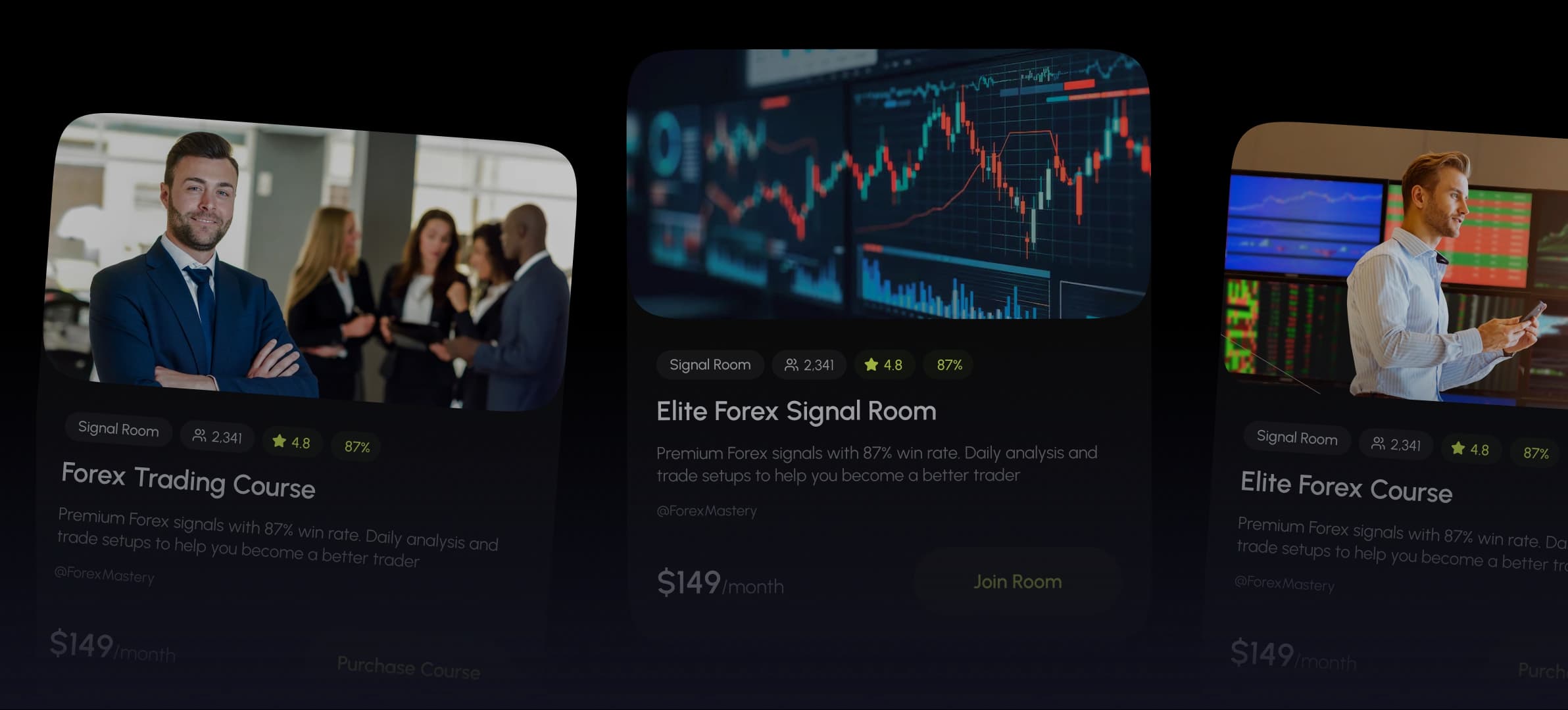 Trading desk marketplace with verified signal rooms and courses